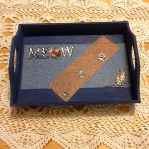 Hand-painted decor, kitty cat tray, farmhouse colors